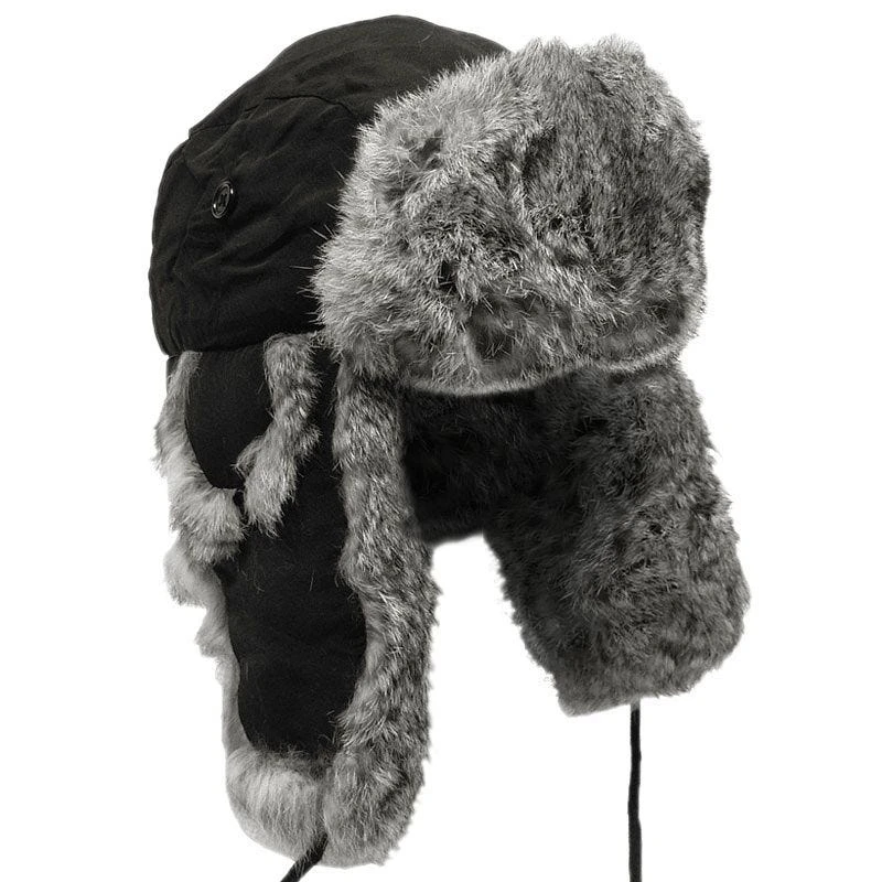 MFH Winter Cap Black With Grey Rabbit Fur 3 MFH Winter Cap Black With Grey Rabbit Fur